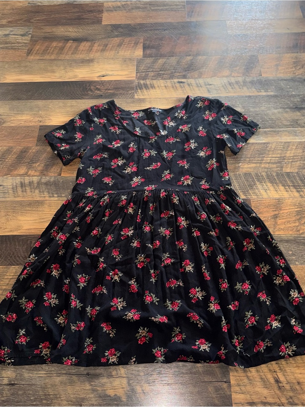 Brandy Melville Black Floral Short Sleeve Dress with Red Roses